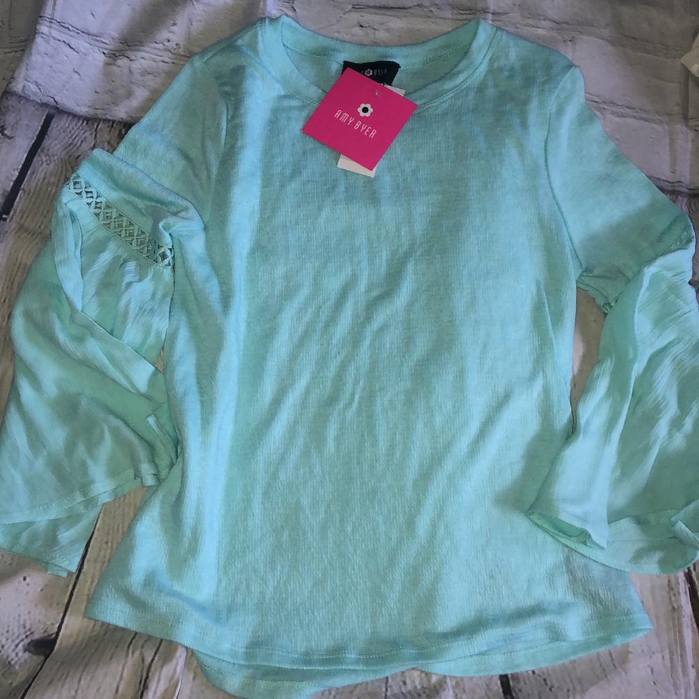 Amy Byer boho blouse wide sleeve medium teal blue